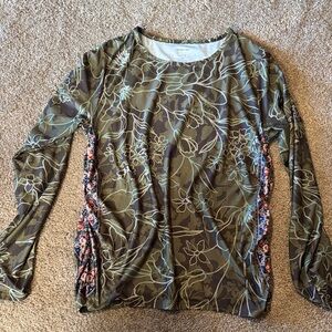 Johnny Was Olive Green Floral Long Sleeve Top with Multicolor Side Panels
